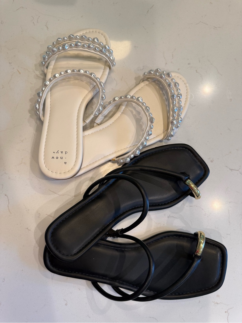 Pearl-Embellished Ivory Slide Sandals